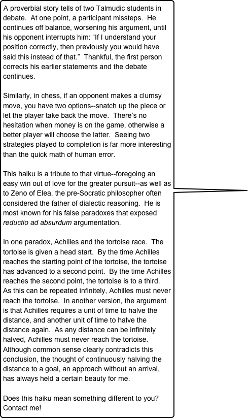 A proverbial story tells of two Talmudic students in debate.  At one point, a participant missteps.  He continues off balance, worsening his argument, until his opponent interrupts him: “If I understand your position correctly, then previously you would have said this instead of that.”  Thankful, the first person corrects his earlier statements and the debate continues.

Similarly, in chess, if an opponent makes a clumsy move, you have two options--snatch up the piece or let the player take back the move.  There’s no hesitation when money is on the game, otherwise a better player will choose the latter.  Seeing two strategies played to completion is far more interesting than the quick math of human error.  

This haiku is a tribute to that virtue--foregoing an easy win out of love for the greater pursuit--as well as to Zeno of Elea, the pre-Socratic philosopher often considered the father of dialectic reasoning.  He is most known for his false paradoxes that exposed reductio ad absurdum argumentation.  

In one paradox, Achilles and the tortoise race.  The tortoise is given a head start.  By the time Achilles reaches the starting point of the tortoise, the tortoise has advanced to a second point.  By the time Achilles reaches the second point, the tortoise is to a third.  As this can be repeated infinitely, Achilles must never reach the tortoise.  In another version, the argument is that Achilles requires a unit of time to halve the distance, and another unit of time to halve the distance again.  As any distance can be infinitely halved, Achilles must never reach the tortoise.  Although common sense clearly contradicts this conclusion, the thought of continuously halving the distance to a goal, an approach without an arrival, has always held a certain beauty for me.

Does this haiku mean something different to you?  Contact me! 


