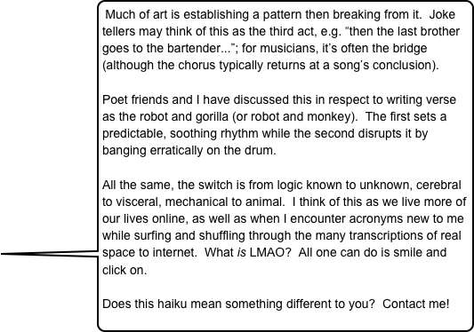 Much of art is establishing a pattern then breaking from it.  Joke tellers may think of this as the third act, e.g. “then the last brother goes to the bartender...”; for musicians, it’s often the bridge (although the chorus typically returns at a song’s conclusion).  

Poet friends and I have discussed this in respect to writing verse as the robot and gorilla (or robot and monkey).  The first sets a predictable, soothing rhythm while the second disrupts it by banging erratically on the drum.  

All the same, the switch is from logic known to unknown, cerebral to visceral, mechanical to animal.  I think of this as we live more of our lives online, as well as when I encounter acronyms new to me while surfing and shuffling through the many transcriptions of real space to internet.  What is LMAO?  All one can do is smile and click on.

Does this haiku mean something different to you?  Contact me!